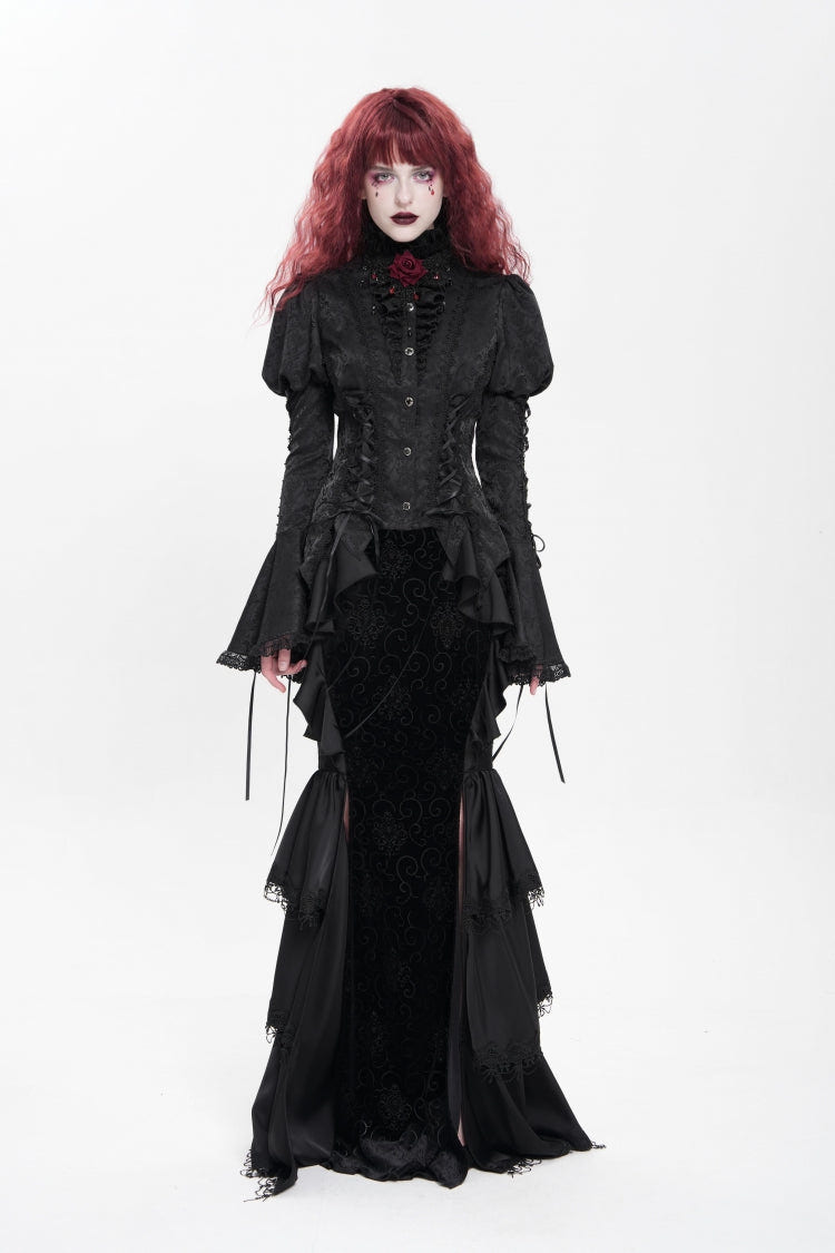 Black Stand Collar Long Puff Sleeves Floral Jacquard Lace-Up Women's Gothic Blouse - Product - 6