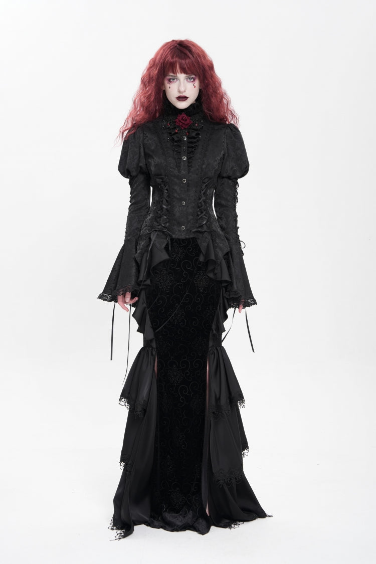 Black Stand Collar Long Puff Sleeves Floral Jacquard Lace-Up Women's Gothic Blouse - Product - 6