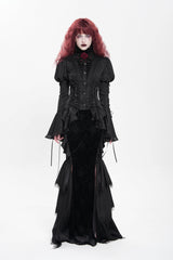 Black Stand Collar Long Puff Sleeves Floral Jacquard Lace-Up Women's Gothic Blouse - Product - 6