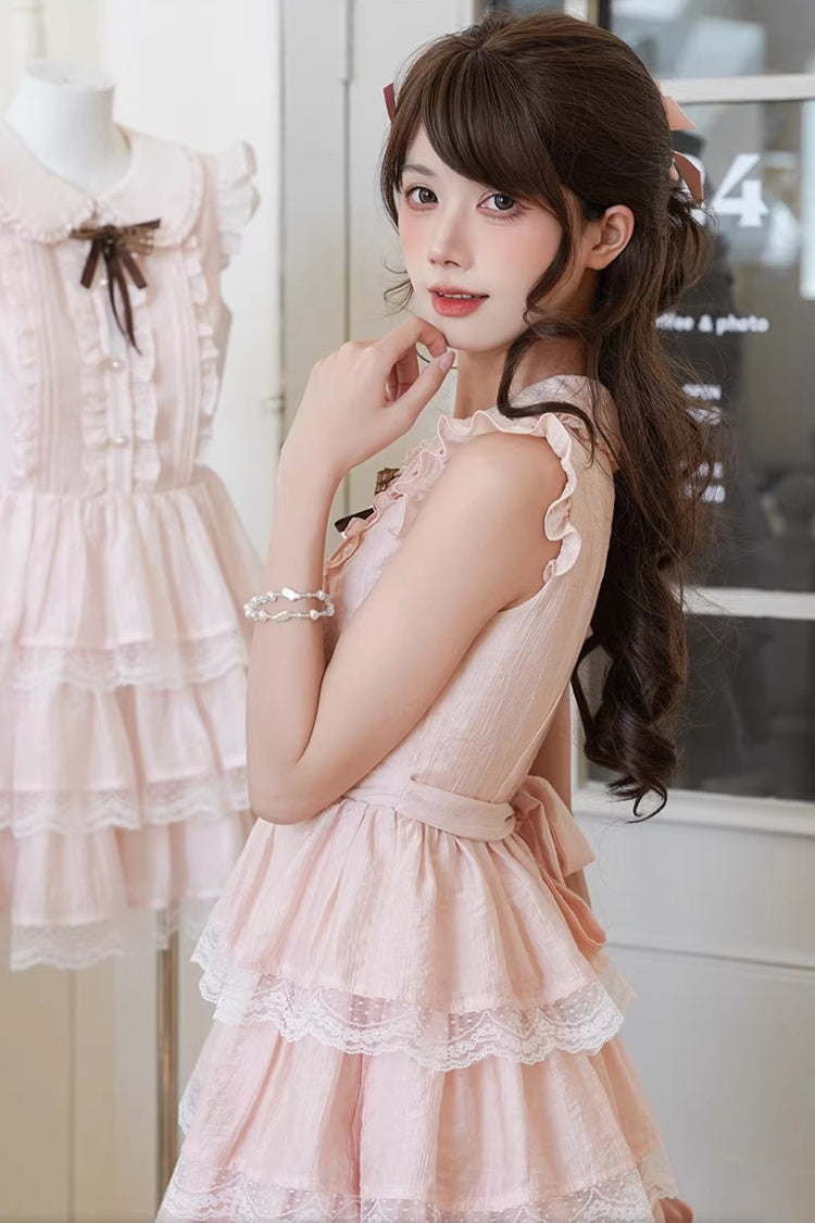Pink Doll Collar Triple-Layered Ruffled Bow Lace Sweet Lolita Dress - Product - 9