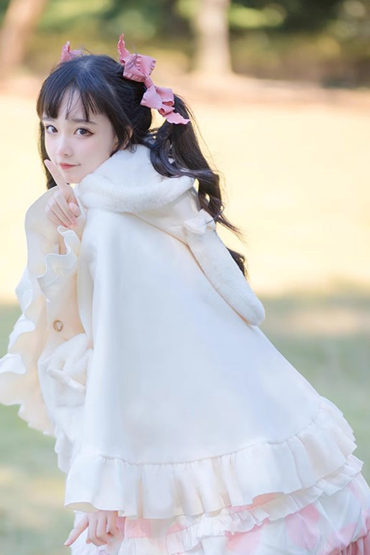 White Plush Bunny Ears Bowknot Buttons Princess Sweet Lolita Cloak Coat - Product - 4