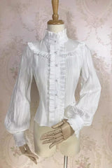 White Stand Collar Long Sleeves Jacquard Sweet Lolita Blouse - Product - 2