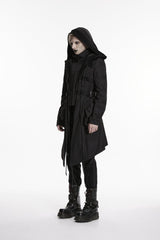 Black Stand Collar Long Sleeves Hooded Faux Two-Piece Zippered Men's Punk Big Pockets Strappy Jacket - Product - 3