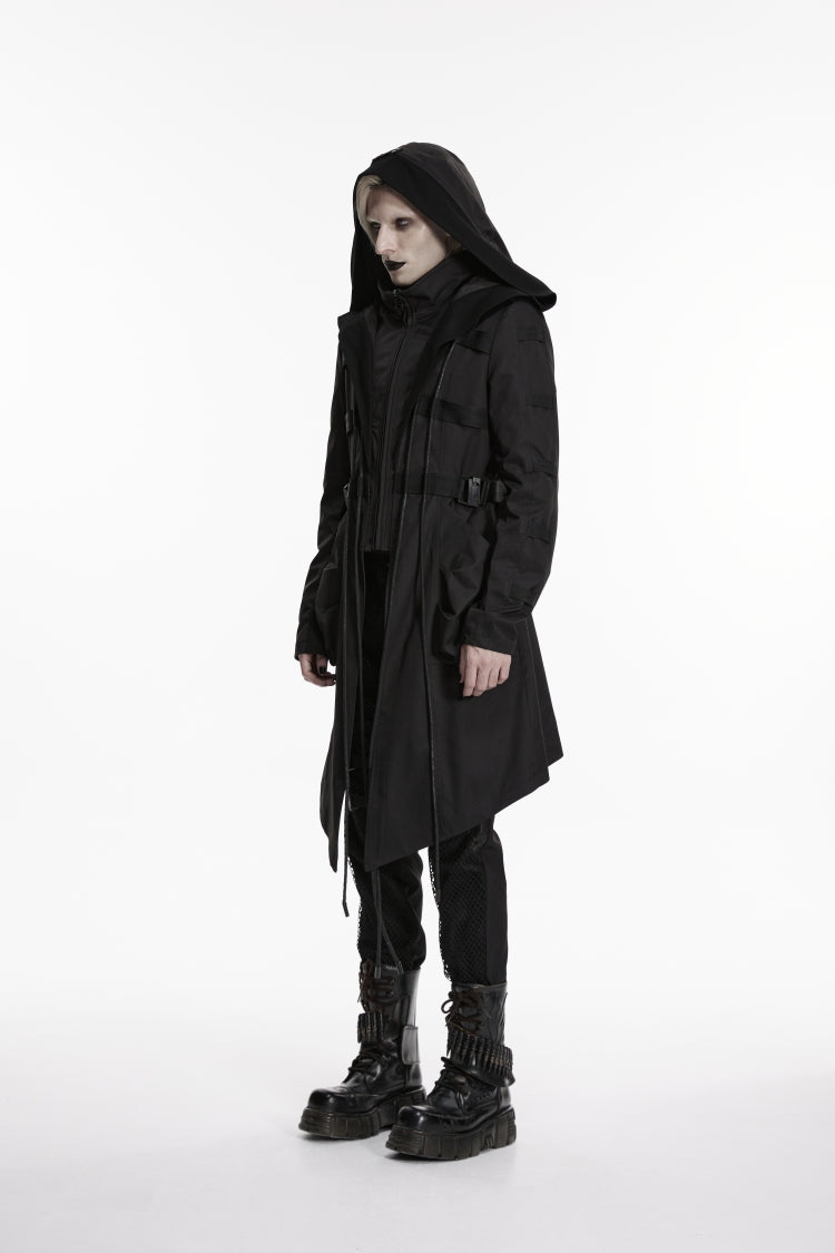 Black Stand Collar Long Sleeves Hooded Faux Two-Piece Zippered Men's Punk Big Pockets Strappy Jacket - Product - 3