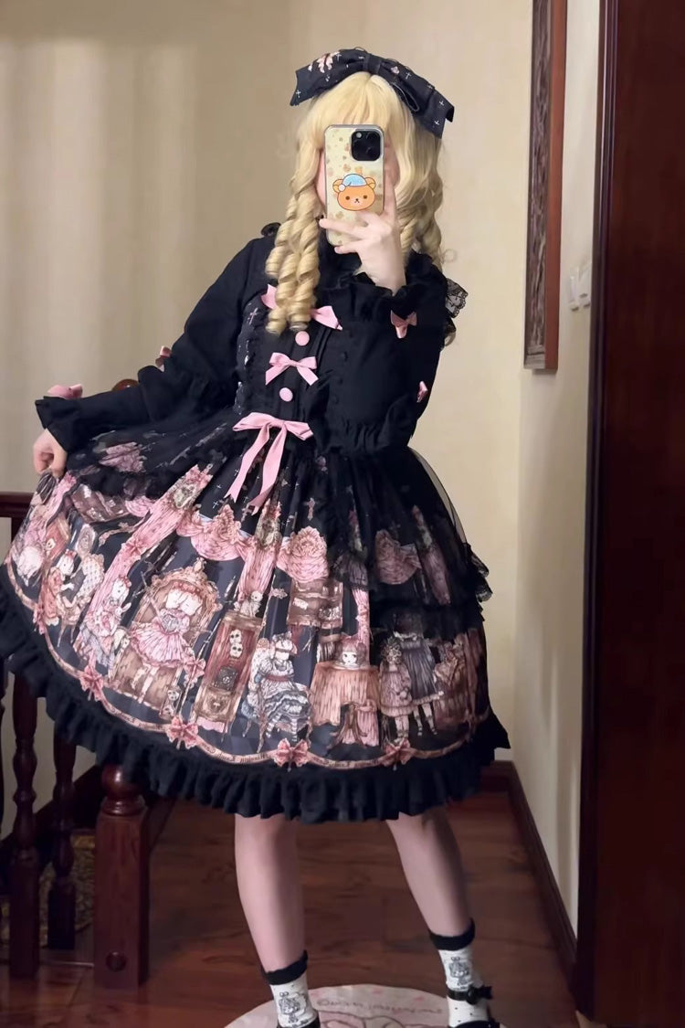 Black [The Case of the Missing Lamb] Print Ruffle Bowknot Lace Gothic Lolita Jsk Dress - Product - 11
