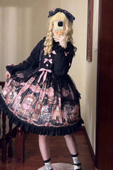 Black [The Case of the Missing Lamb] Print Ruffle Bowknot Lace Gothic Lolita Jsk Dress - Product - 11