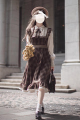 Brown [The Thames at Dusk] Print Long Sleeves Ruffle Fake Two Pieces Vintage College Style Lolita Dress - Product - 2
