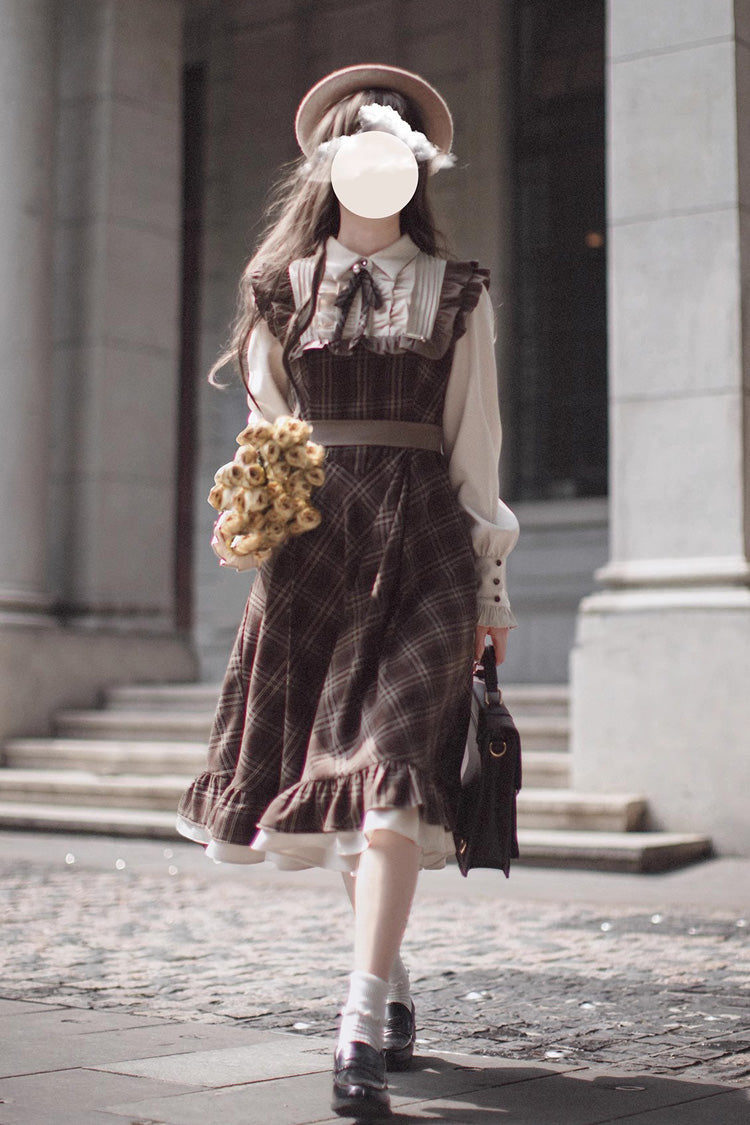 Brown [The Thames at Dusk] Print Long Sleeves Ruffle Fake Two Pieces Vintage College Style Lolita Dress - Product - 2
