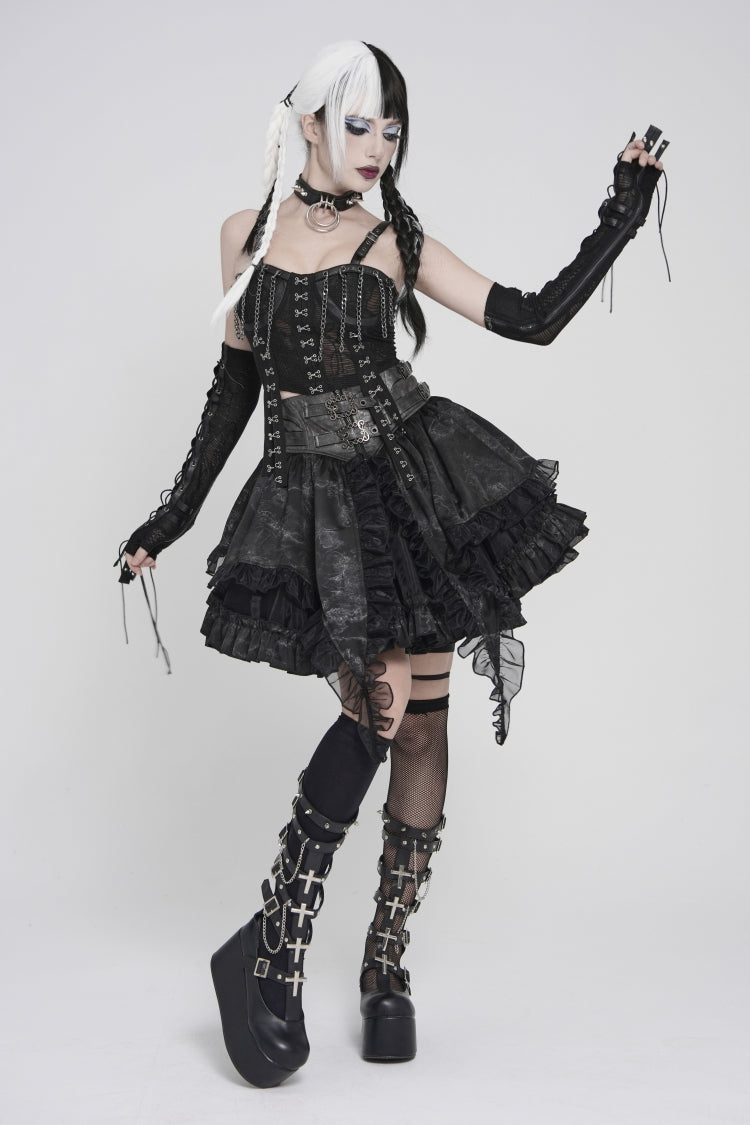 Black Multi-Layered Printed Spliced Lace Lace-Up Buckled Pleated Eyelet Women's Gothic Skirt - Product - 3