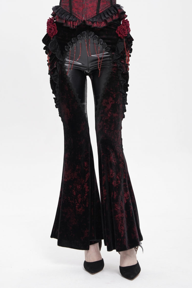 Black/Red  Ruffled Spliced Women's Gothic Floral Faux Leather&Velvet Ruffle Pants - Product - 12