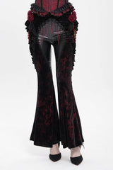 Black/Red  Ruffled Spliced Women's Gothic Floral Faux Leather&Velvet Ruffle Pants - Product - 12