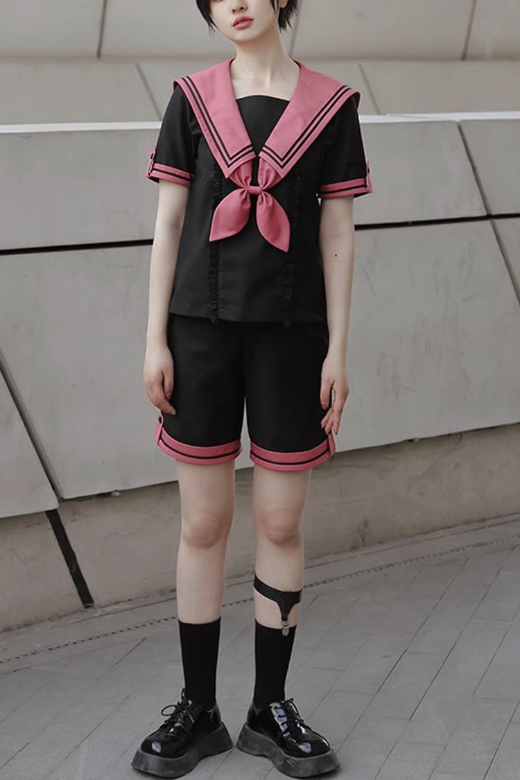 Black Voyage To Atlantis Navy Style Short Sleeves Prince Ouji Lolita Set - Black - 1