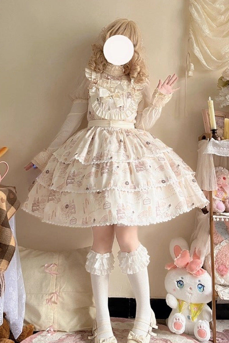 Beige Sleeveless Triple-Layered Print Ruffle Bowknot Sweet Plus Size Lolita Jsk Dress - Product - 2