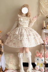 Beige Sleeveless Triple-Layered Print Ruffle Bowknot Sweet Plus Size Lolita Jsk Dress - Product - 2