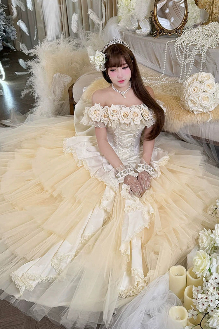 Apricot [Heart’s Beloved Rose] Sleeveless Ruffled Hanayome Bow Lace Lace-Up Sweet Lolita Jsk long Dress - Product - 10