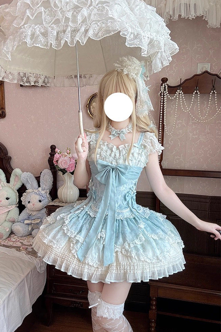 Green [Floral Dream] Short Sleeves Multi-Layered Ruffle Embroidery Bowknot Lace-Up Sweet Elegant Ballet Lolita Jsk Dress - Product - 9