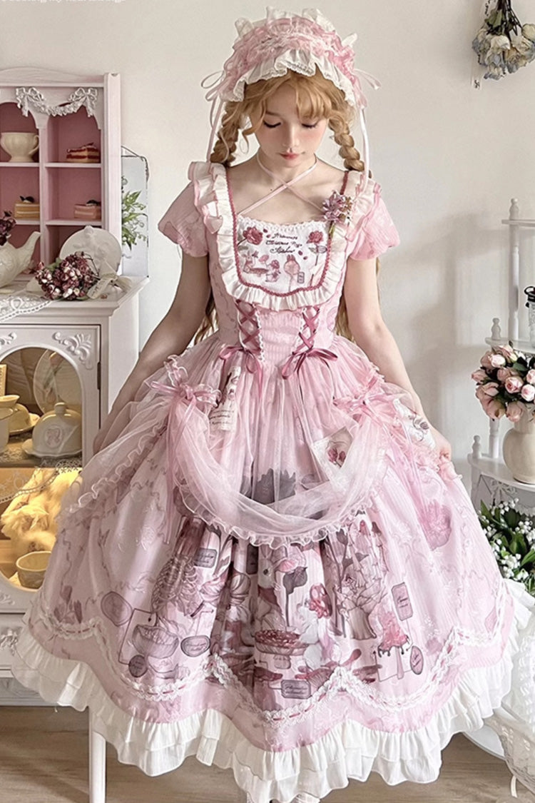 Pink Rabbit Print Square Collar Short Sleeves Ruffle Bowknot Lace Sweet Lolita Dress - Pink - 1