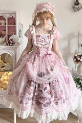 Pink Rabbit Print Square Collar Short Sleeves Ruffle Bowknot Lace Sweet Lolita Dress - Pink - 1