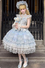 Blue [Moonlit Sakura Ode] Sleeveless Multi-Layered Ruffled Bow Lace Sweet Lolita Dress - Blue - 1