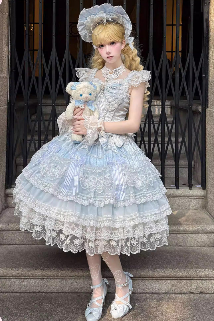 Blue [Moonlit Sakura Ode] Sleeveless Multi-Layered Ruffled Bow Lace Sweet Lolita Dress - Blue - 1