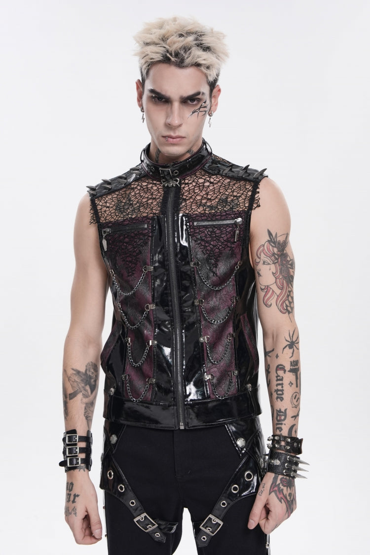 Black Stand Collar Sleeveless Spliced Mesh Studded Zippered Chain-Decorated Eyelet Men's Punk Vest - Product - 11