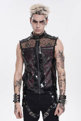 Black Stand Collar Sleeveless Spliced Mesh Studded Zippered Chain-Decorated Eyelet Men's Punk Vest - Product - 11