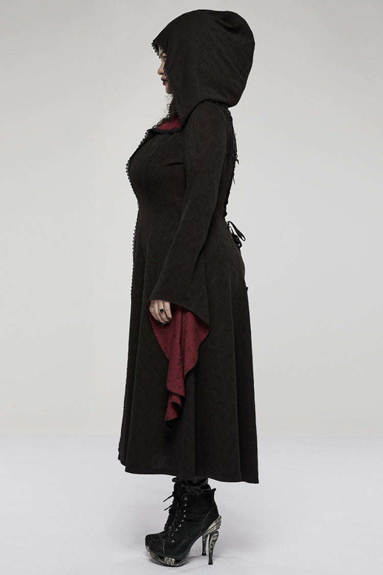 Black/Red Knitted Long Sleeves Big Hat Mystery Witch Rose Pattern Women's Gothic Coat - Product - 4