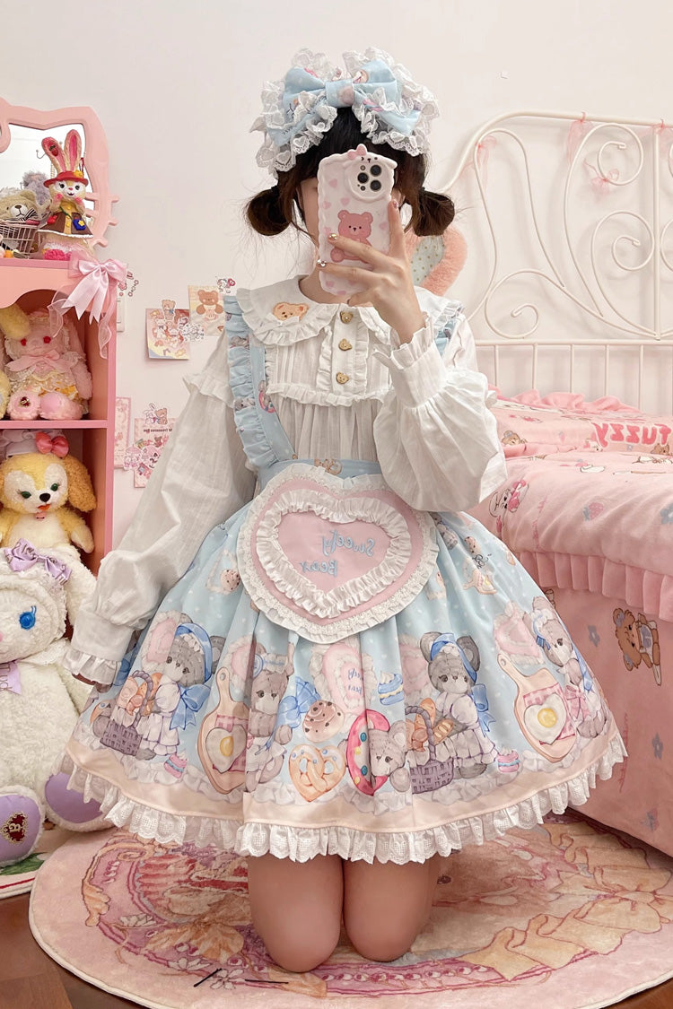 Blue Baked Bear Print Ruffle Sweet Lolita Skirt - Product - 5
