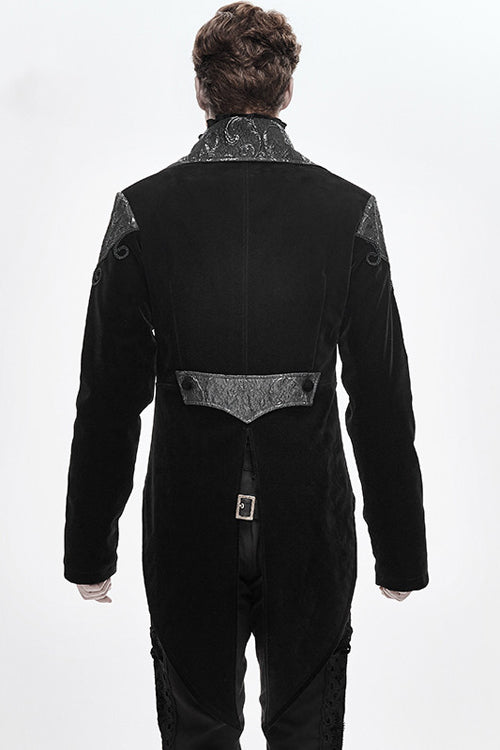 Black Vintage Fake Two Pieces Embroidered Velvet Gothic Mens Coat - Product - 3
