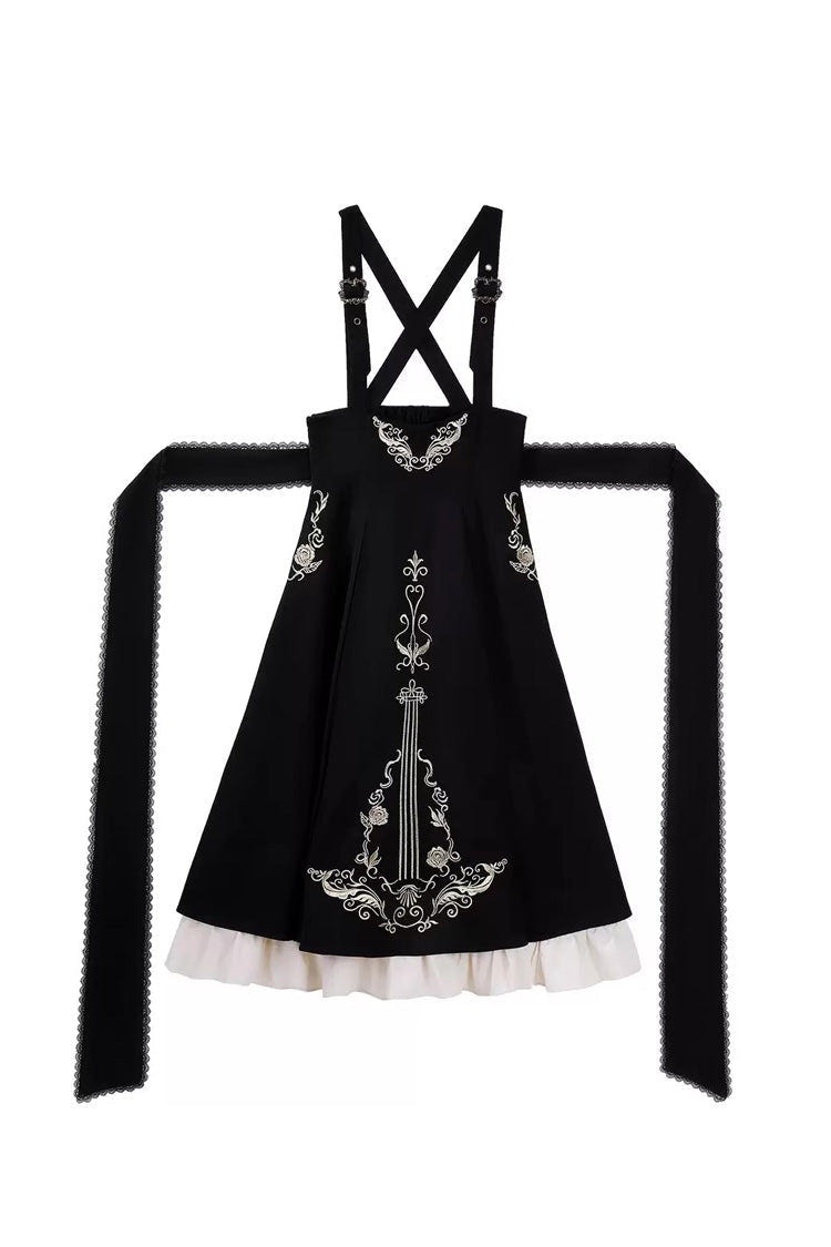 Black/White [Violin Variations] Ruffled Embroidered Gothic Lolita Jumper Dress Set - Dress - 14
