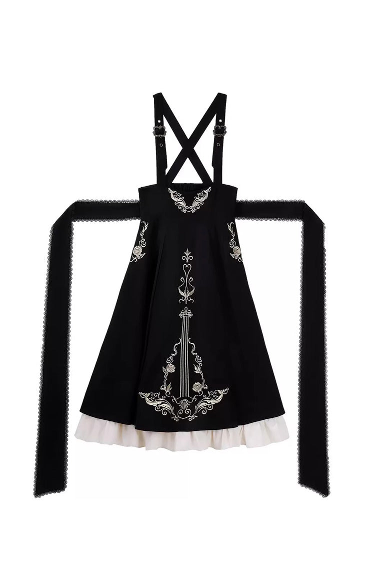 Black/White [Violin Variations] Ruffled Embroidered Gothic Lolita Jumper Dress Set - Dress - 14
