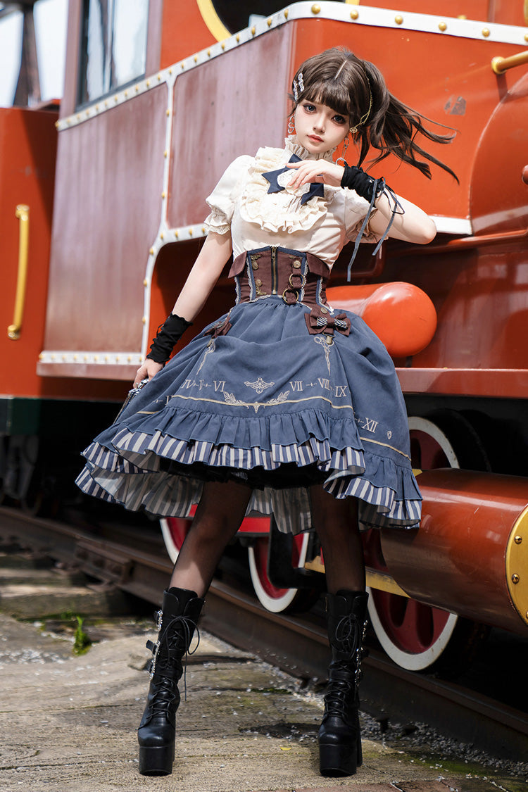 Blue Middle Ages Ruffle Embroidery Bowknot Classic Punk Vintage Lolita Skirt Full Set - Product - 8