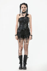 Black Sleeveless Single Shoulder Strap Straps Diagonal Zipper Studded Women'S Punk Faux Leather Vest - Product - 6