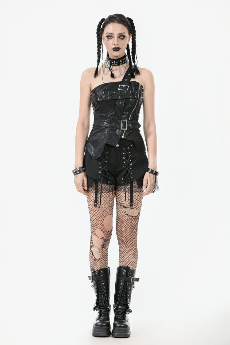 Black Sleeveless Single Shoulder Strap Straps Diagonal Zipper Studded Women'S Punk Faux Leather Vest - Product - 6