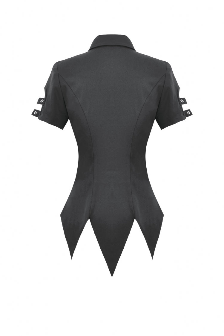 Black Turn-down Collar Short Sleeves Lace-Up Eyelets Women's Punk Blouse - Product - 14