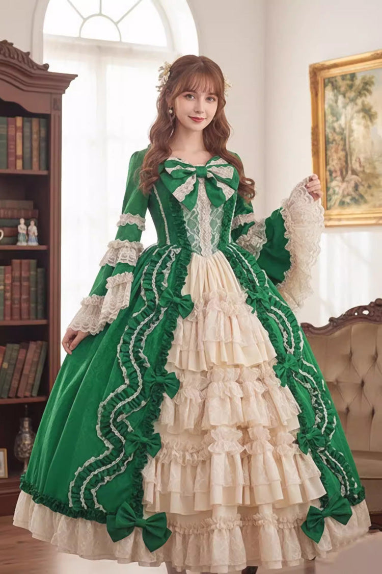 Sweet Long Sleeves Multi-Layered Ruffled Open-Front Bow Lace Princess Lolita Victorian Dress 5 Colors - Green - 2