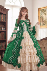 Sweet Long Sleeves Multi-Layered Ruffled Open-Front Bow Lace Princess Lolita Victorian Dress 5 Colors - Green - 2