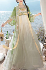 Chinese Tang Dynasty Design Style Embroidered Chiffon Short Sleeves Sweet Hanfu Dress - Green - 1