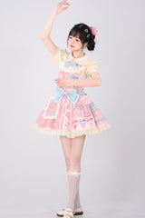 Pink Cake Chocolate Dessert Print Ruffle Bowknot Sweet Lolita Strap Dress - Product - 15