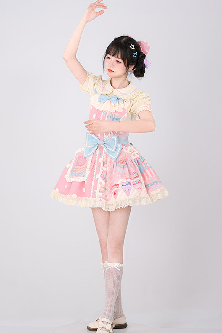 Pink Cake Chocolate Dessert Print Ruffle Bowknot Sweet Lolita Strap Dress - Product - 15