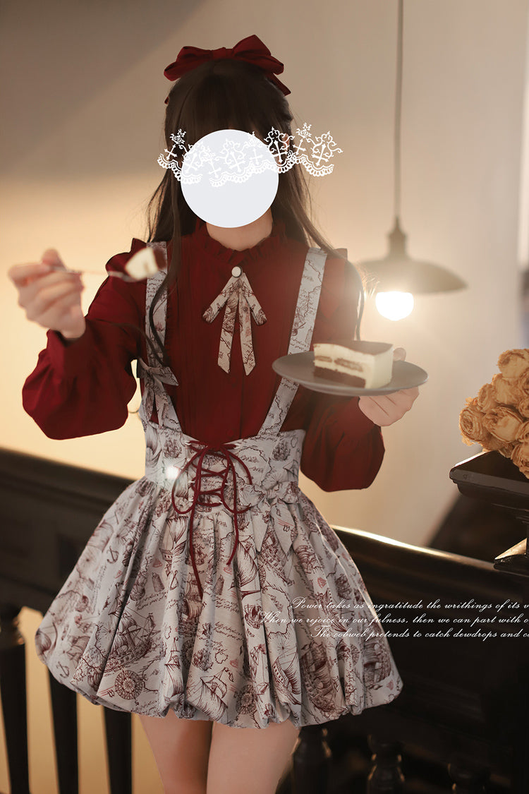 Grey [Elise] Print Ruffle Lace-Up Sweet Lolita Skirt - Product - 9