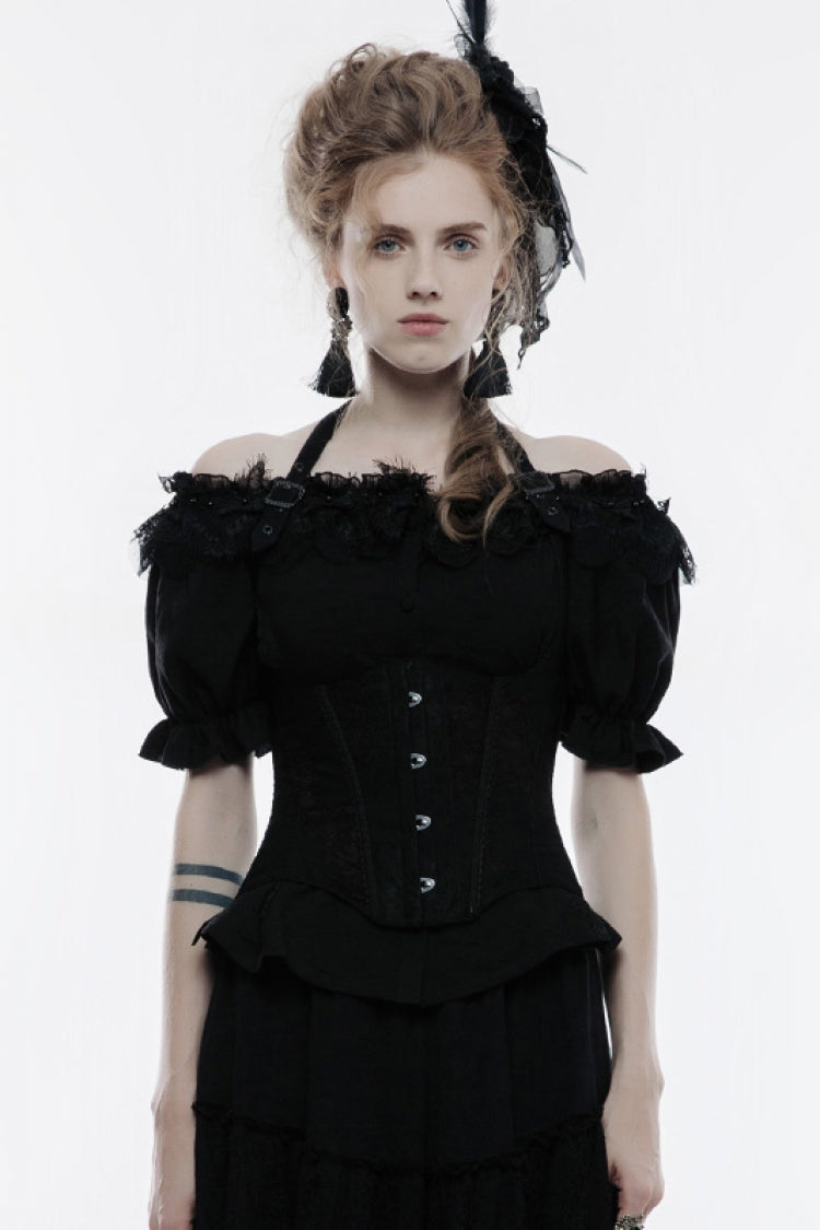 Black Halterneck Jacquard Lace-Up Women's Breast Support Gothic Vest - Black - 1