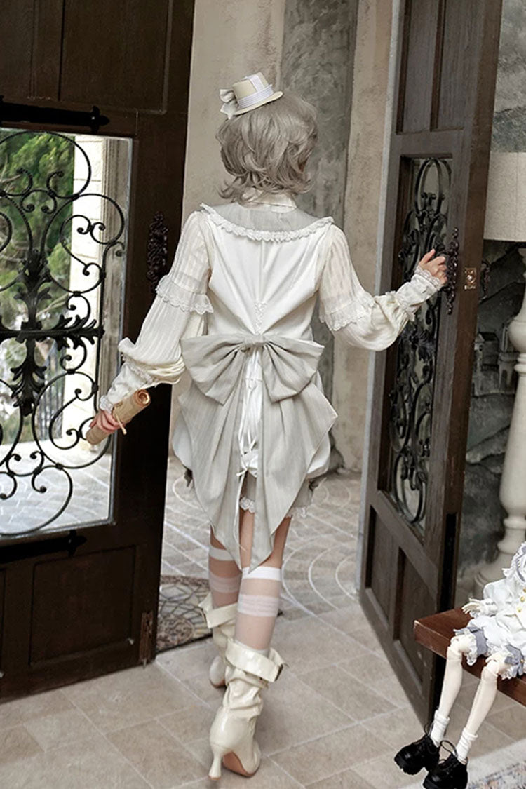 White [Candy Shop] V Collar Sleeveless Bow Lace Sweet Ouji Lolita Shorts Vest Set - Product - 4