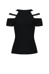 Black Off Shoulder Straps Short Sleeves Cut-Out Women's T-Shirt - Product - 13