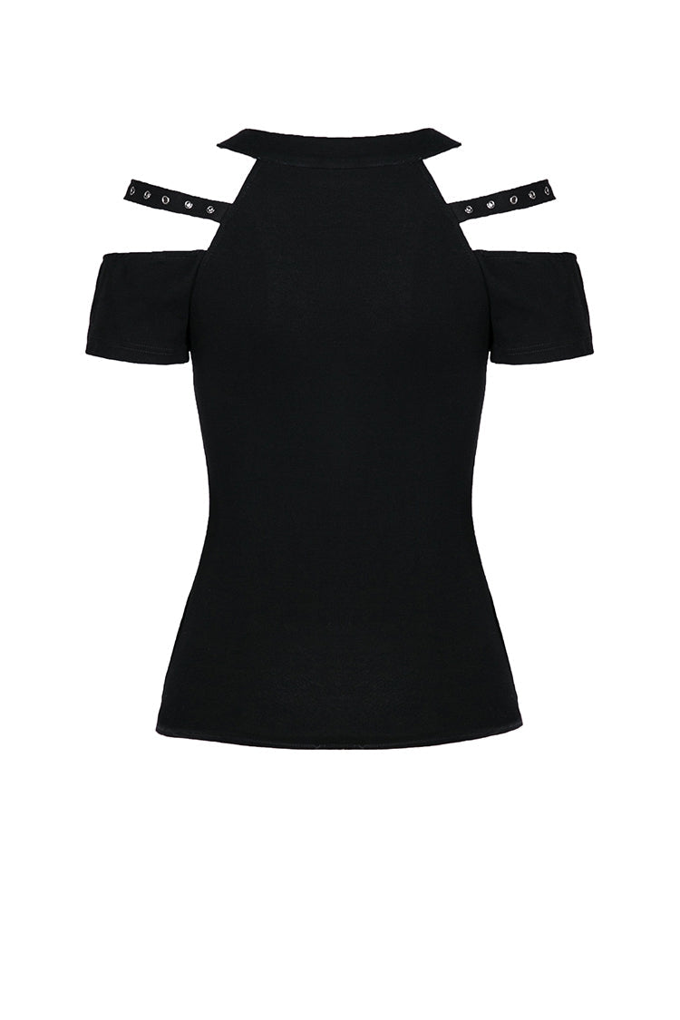 Black Off Shoulder Straps Short Sleeves Cut-Out Women's T-Shirt - Product - 13