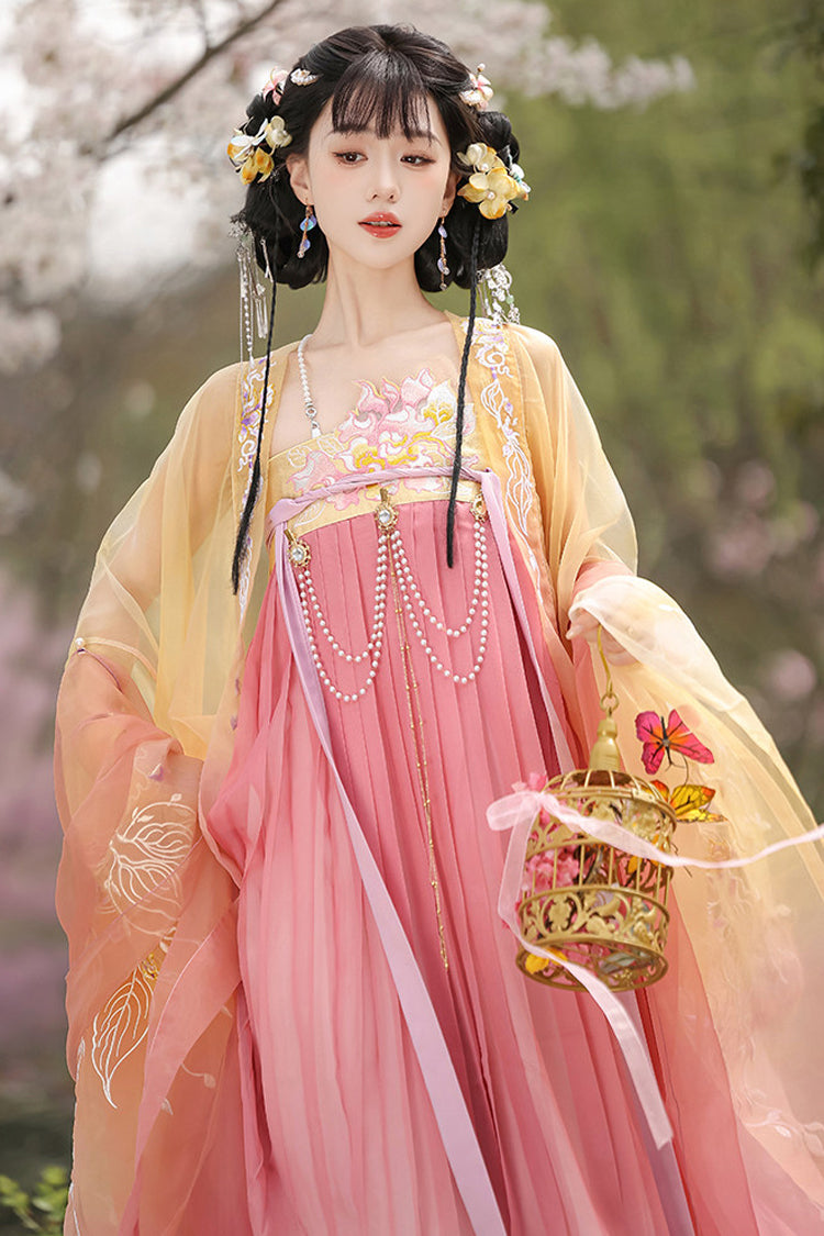 Yellow/Pink [Legends of the Tang Dynasty] High Waisted Printed Embroidered Women's Classic Hanfu Dress Set - Product - 4