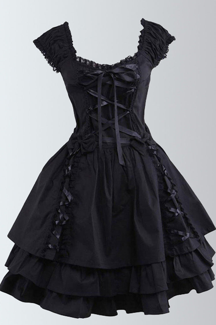 Black Lace Tiered Ruffle Sleeveless Gothic Lolita Dress - Black - 1