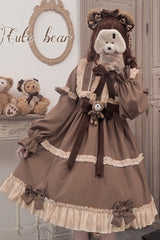 Brown Caramel Teddy Bear Round Collar Long Sleeve Stitching Bowknot Ruffled Sweet Lolita OP Dress - Product - 3