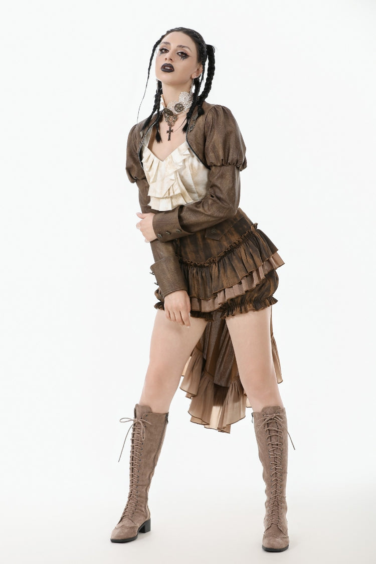Brown Long Puff Sleeves Zippered Metal-Accented Women's Steampunk Vintage Wrap - Product - 11