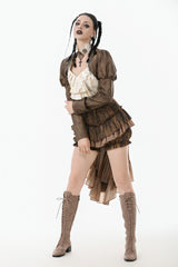 Brown Long Puff Sleeves Zippered Metal-Accented Women's Steampunk Vintage Wrap - Product - 11